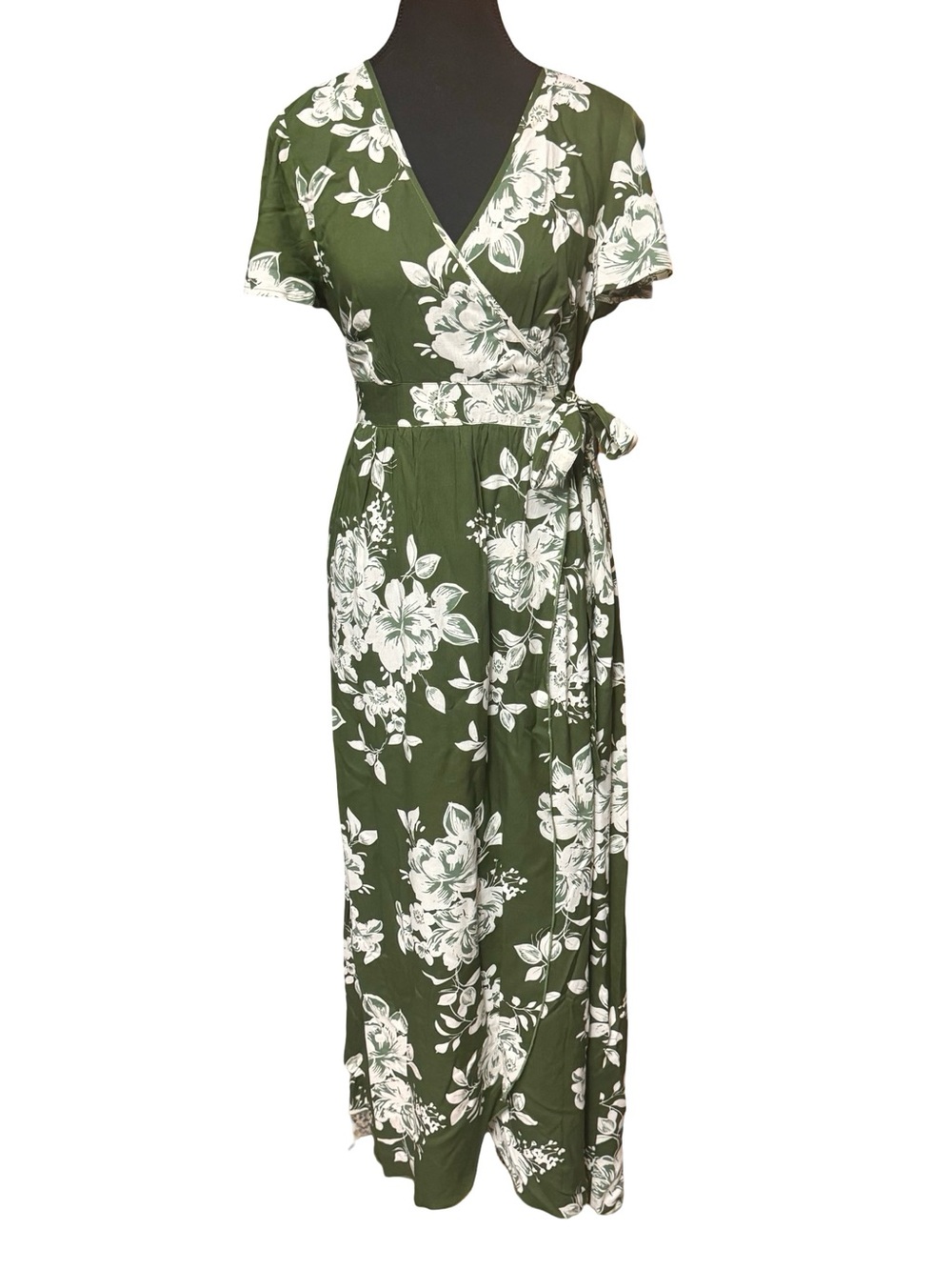 Dress-Size Medium Patrons of Peace Green Floral Wrap Maxi Dress